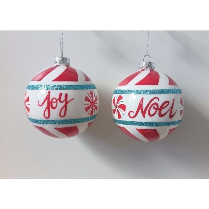 Esfera de vidrio Joy/Noel con diseño menta · 4" / 10.2 cm